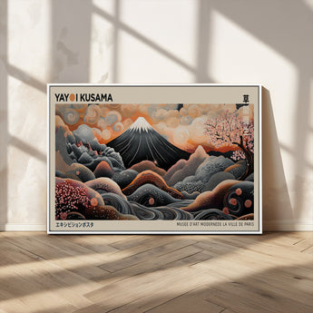 55739266-MGV-CV-36X24-Japanese Wall Art Print – Abstract Yayoi Kusama Inspired Dotted Landscape Poster, Surreal Oriental Mountain and Cherry Blossom