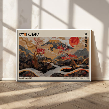 77970791-MGV-CV-36X24-Mount Fuji Golden Abstract Wall Art – Japanese Landscape Canvas Poster, Cherry Blossom & Red Sun Painting, Elegant Zen Oriental
