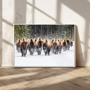 22695857-MGV-CV-36X24-Bison Herd Scene Wall Art Canvas Print, Framed Western Wildlife Art Picture Print, Rustic Animal Art Perfect Rustic Lodge Decor