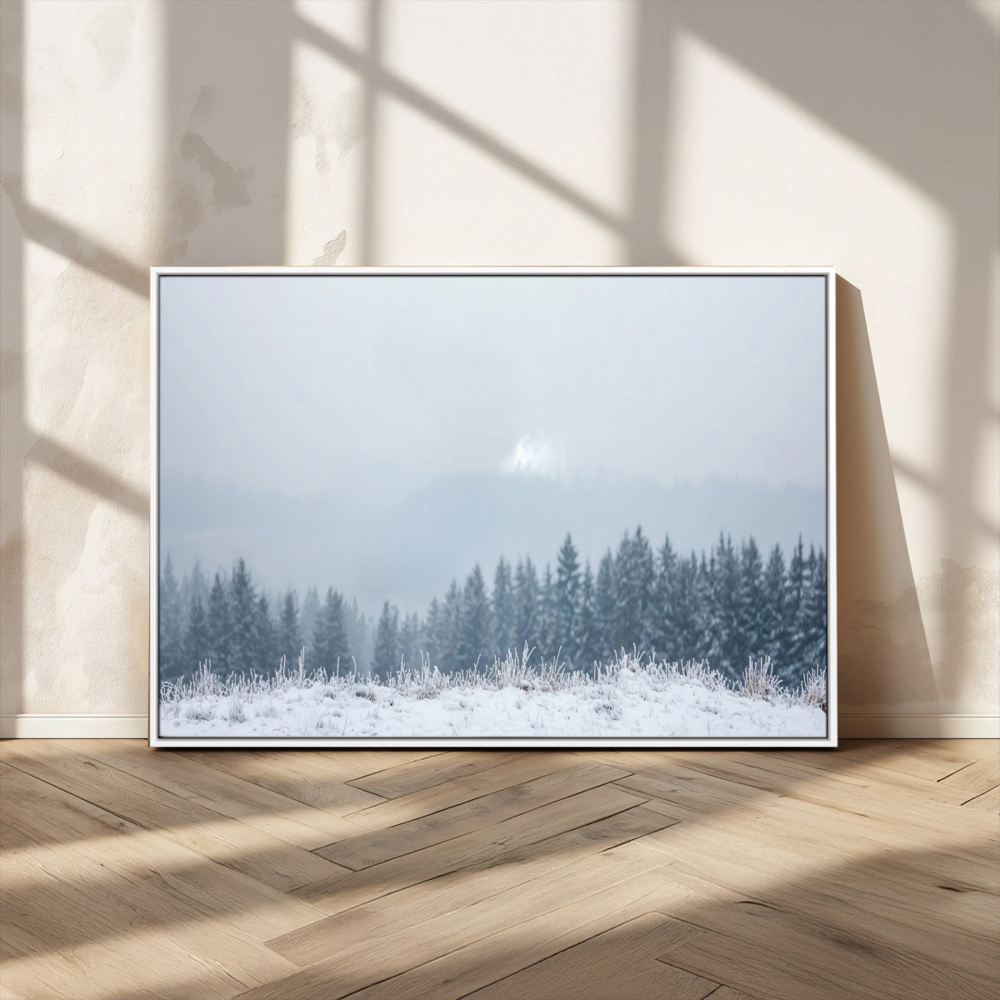 33033082-MGV-CV-36X24-Winter Forest Art Wall Art Canvas Print, Framed Snowy Landscape Art Picture Print, Misty Tree Scene Perfect Nordic Minimalist