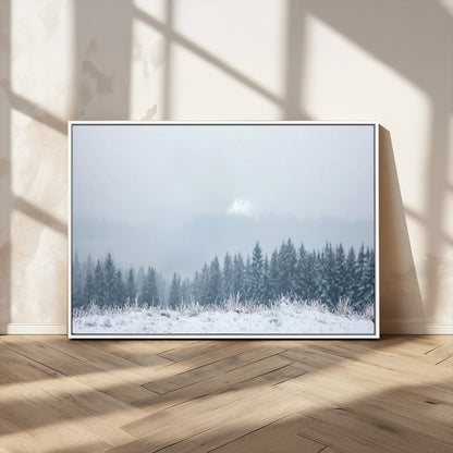 33033082-MGV-CV-36X24-Winter Forest Art Wall Art Canvas Print, Framed Snowy Landscape Art Picture Print, Misty Tree Scene Perfect Nordic Minimalist