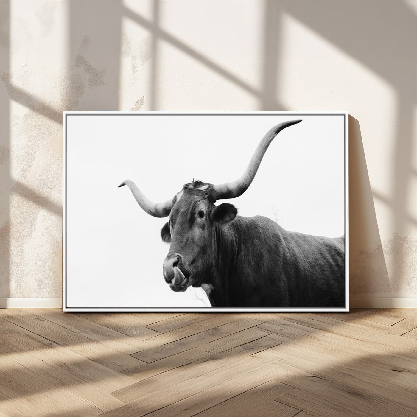 99244177-MGV-CV-36X24-Longhorn Photography Wall Art Canvas Print, Framed Western Cow Decor Art Picture Print, Black White Bull Perfect Modern Rustic