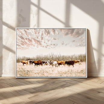 57389417-MGV-CV-36X24-Cow Herd Photography Wall Art Canvas Print, Framed Rustic Farmhouse Decor Art Picture Print, Western Ranch Style Perfect Rustic