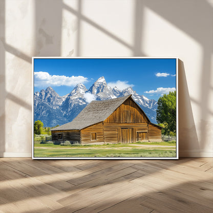 75948467-MGV-CV-36X24-Mountain Barn Scene Wall Art Canvas Print, Framed Rustic Farmhouse Style Art Picture Print, Country Cabin Decor Perfect Rustic