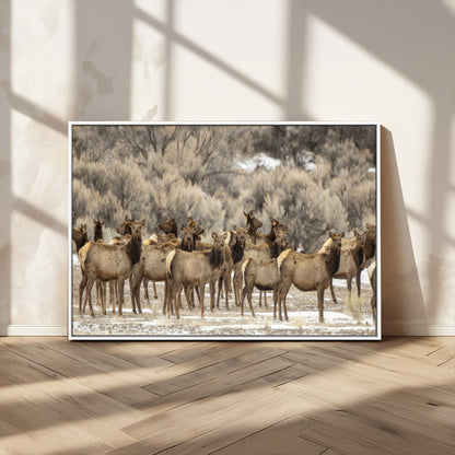 90269422-MGV-CV-36X24-Elk Herd Scene Wall Art Canvas Print, Framed Rustic Wildlife Decor Art Picture Print, Western Cabin Style Perfect Rustic Lodge