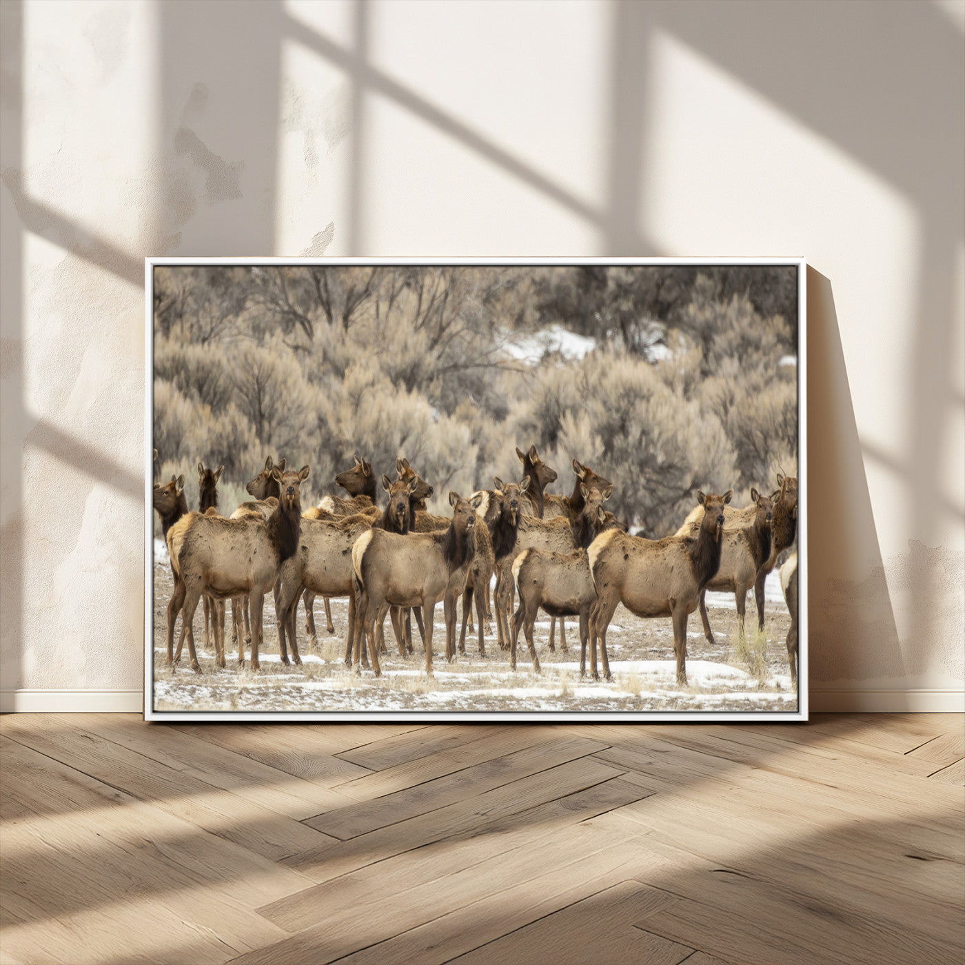 90269422-MGV-CV-36X24-Elk Herd Scene Wall Art Canvas Print, Framed Rustic Wildlife Decor Art Picture Print, Western Cabin Style Perfect Rustic Lodge