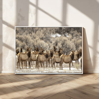 90269422-MGV-CV-36X24-Elk Herd Scene Wall Art Canvas Print, Framed Rustic Wildlife Decor Art Picture Print, Western Cabin Style Perfect Rustic Lodge