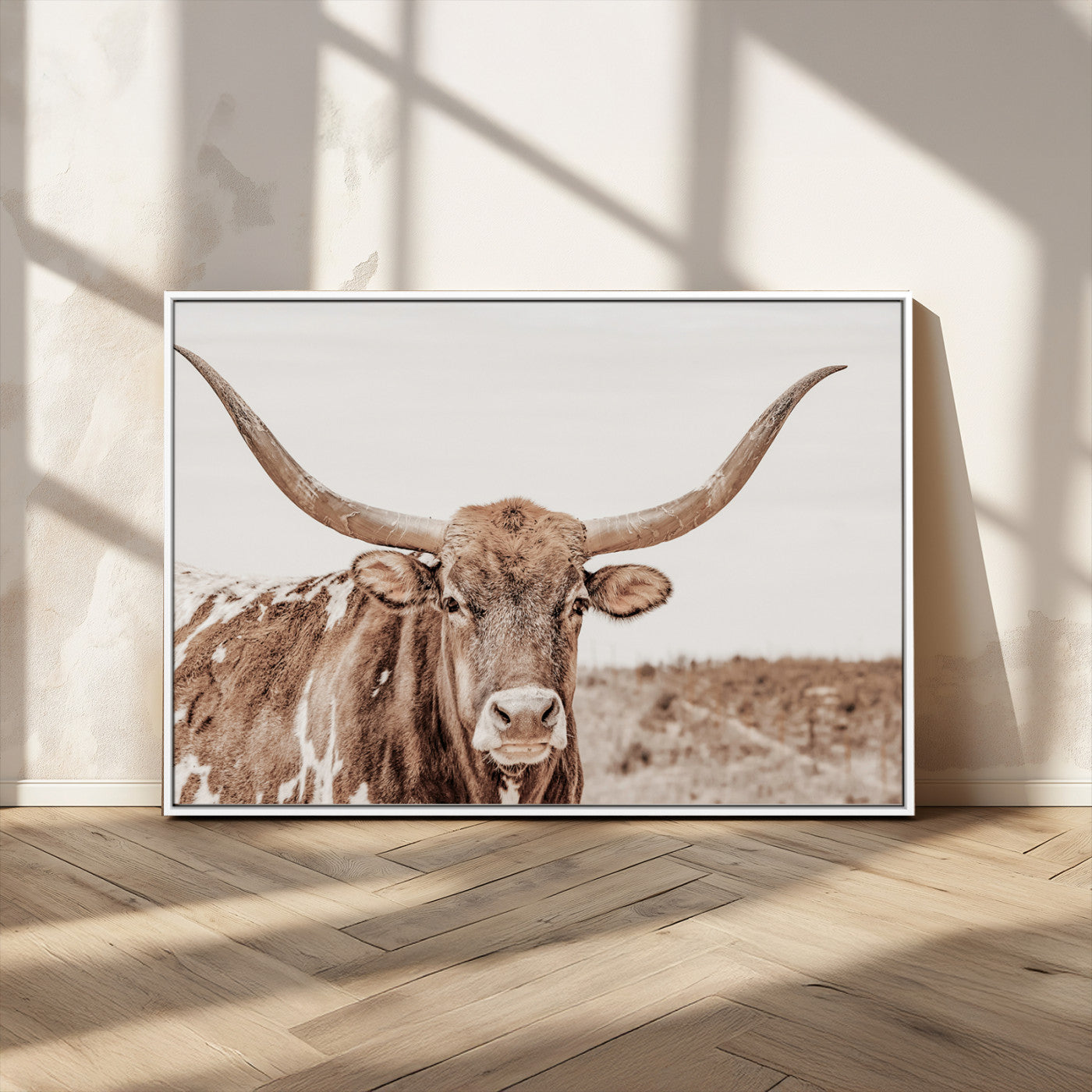 77810049-MGV-CV-36X24-Longhorn Bull Photo Wall Art Canvas Print, Framed Rustic Cow Decor Art Picture Print, Neutral Farmhouse Style Perfect Rustic