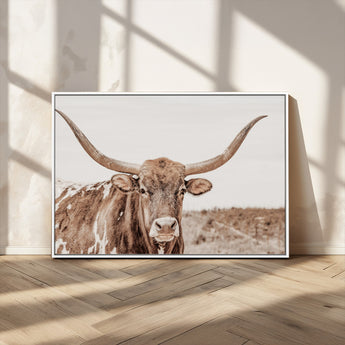 77810049-MGV-CV-36X24-Longhorn Bull Photo Wall Art Canvas Print, Framed Rustic Cow Decor Art Picture Print, Neutral Farmhouse Style Perfect Rustic