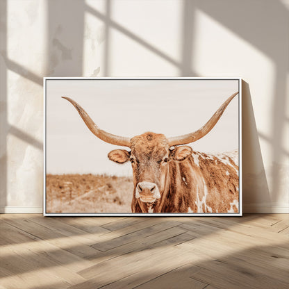 74406977-MGV-CV-36X24-Longhorn Bull Decor Wall Art Canvas Print, Framed Western Cow Theme Art Picture Print, Rustic Farmhouse Wall Perfect Neutral