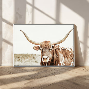 98924580-MGV-CV-36X24-Texas Longhorn Bull Wall Art Canvas Print, Framed Rustic Farmhouse Decor Art Picture Print, Western Animal Theme Perfect Rustic