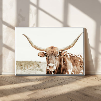 98924580-MGV-CV-36X24-Texas Longhorn Bull Wall Art Canvas Print, Framed Rustic Farmhouse Decor Art Picture Print, Western Animal Theme Perfect Rustic