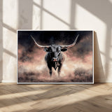 71457818-MGV-CV-36X24-Longhorn Wall Art Wall Art Canvas Print, Framed Western Bull Canvas Art Picture Print, Rustic Cow Decor Perfect Western Dramatic