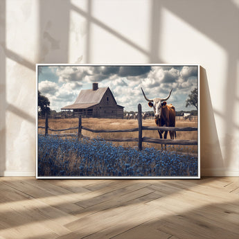 51092814-MGV-CV-36X24-Texas Longhorn Wall Art Wall Art Canvas Print, Framed Rustic Barn Canvas Art Picture Print, Farmhouse Cow Decor Perfect Rustic