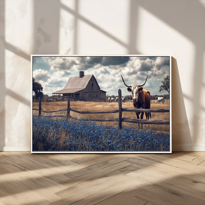 51092814-MGV-CV-36X24-Texas Longhorn Wall Art Wall Art Canvas Print, Framed Rustic Barn Canvas Art Picture Print, Farmhouse Cow Decor Perfect Rustic