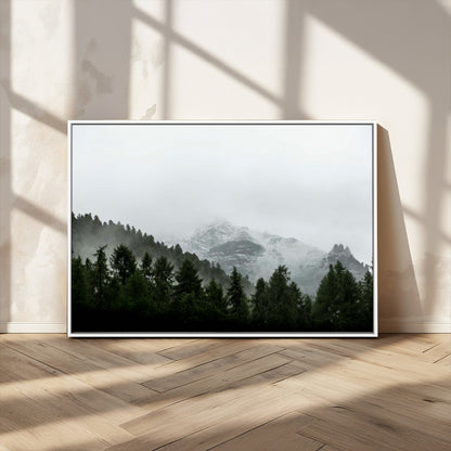 55968349-MGV-CV-36X24-Misty Mountains Wall Art Canvas Print, Framed Foggy Forest Art Picture Print, Snowy Peaks Perfect Moody Wilderness Decor Artwork