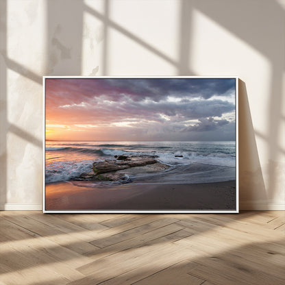 94208089-MGV-CV-36X24-Golden Hour Wall Art Canvas Print, Framed Tranquil Waves Art Picture Print, Beach Horizon Perfect Coastal Serenity Decor Artwork