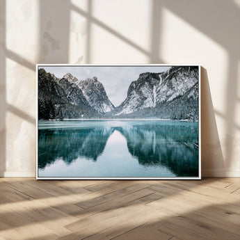 73098373-MGV-CV-36X24-Mountain Lake Wall Art Canvas Print, Framed Winter Wonderland Art Picture Print, Snowy Peaks Perfect Modern Nature Decor Artwork