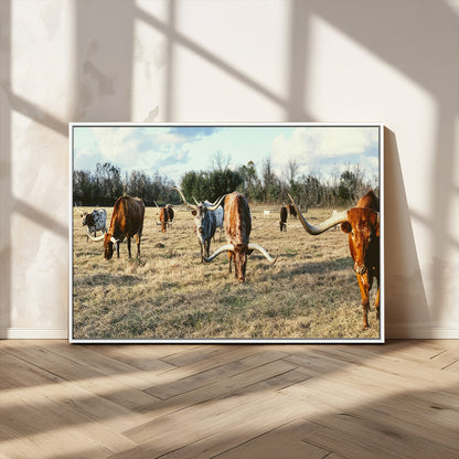 39144651-MGV-CV-36X24-Texas Longhorns Wall Art Canvas Print, Framed Rustic Farm Scene Art Picture Print, Western Cattle Perfect Rustic Farmhouse Decor