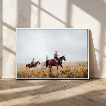 94723307-MGV-FC-36X24_White-Western Cowboys Wall Art Canvas Print, Framed Rustic Prairie Art Picture Print, Horseback Riding Perfect Rustic Western Decor
