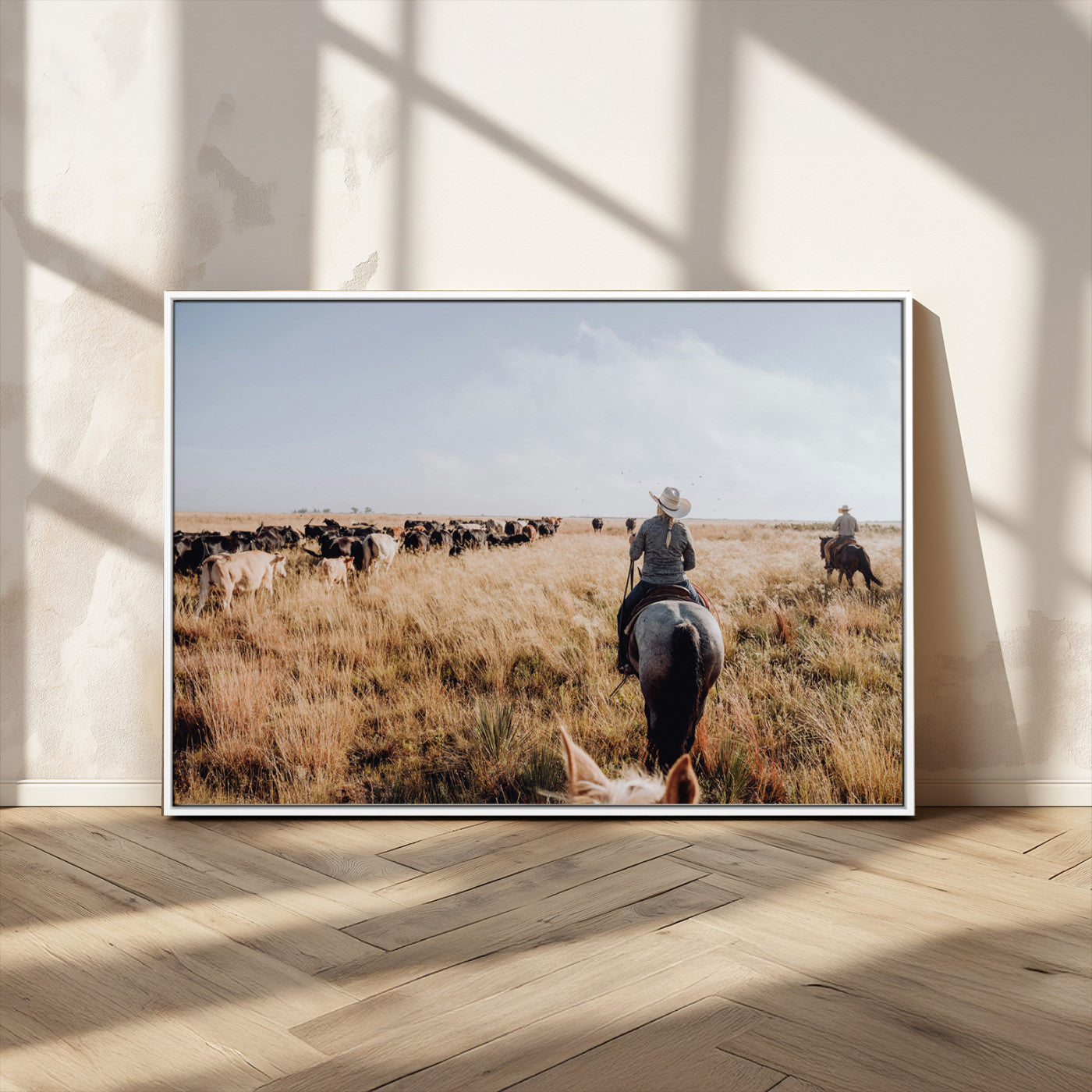 22431577-MGV-CV-36X24-Western Wall Art Wall Art Canvas Print, Framed Cowboy Canvas Art Picture Print, Cattle Drive Scene Perfect Rustic Western Decor