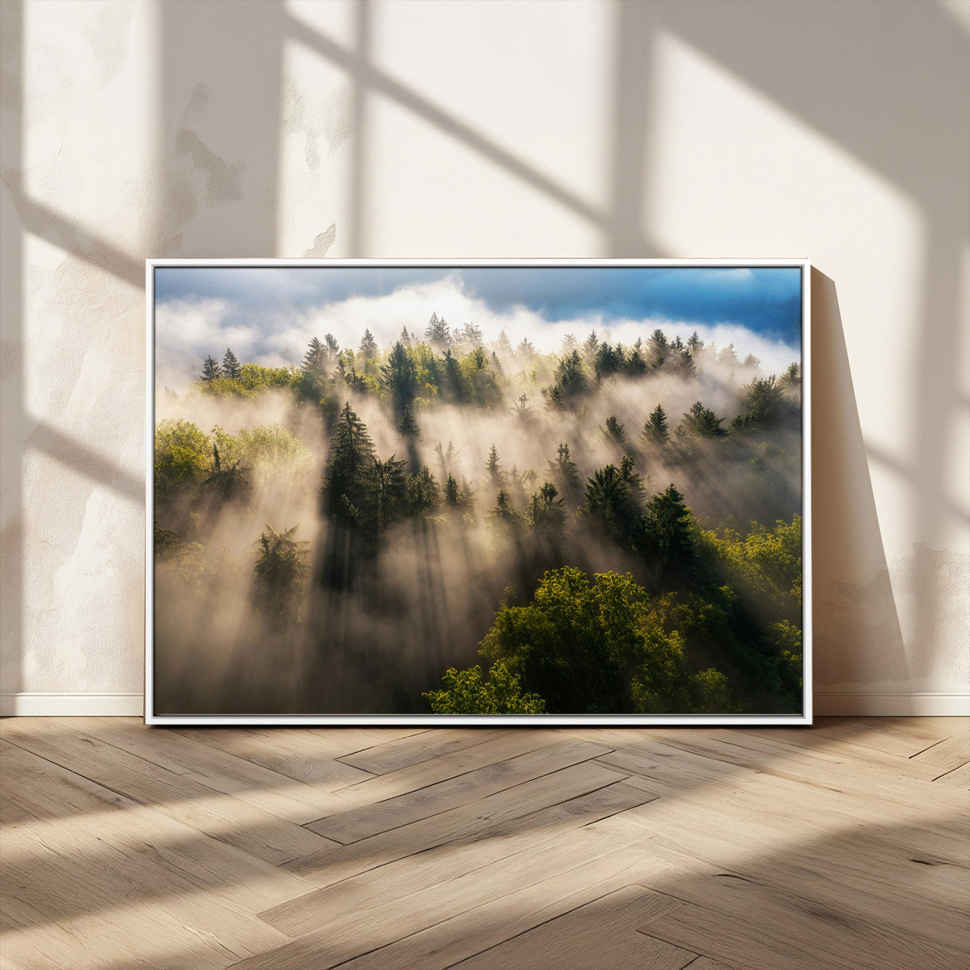 14785710-MGV-CV-36X24-Tranquil Forest Scene Wall Art Canvas Print, Framed Sunbeam Through Trees Art Picture Print, Moody Green Wall Art Perfect