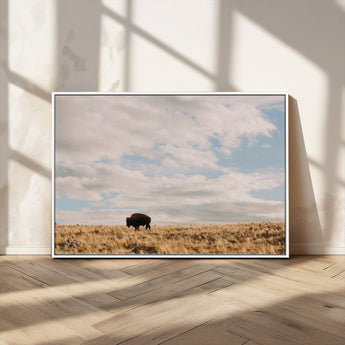 22754563-MGV-CV-36X24-Earthy Tones Wall Art Canvas Print, Framed Rustic Nature Art Picture Print, Solitary Buffalo Perfect Western Minimalist Decor