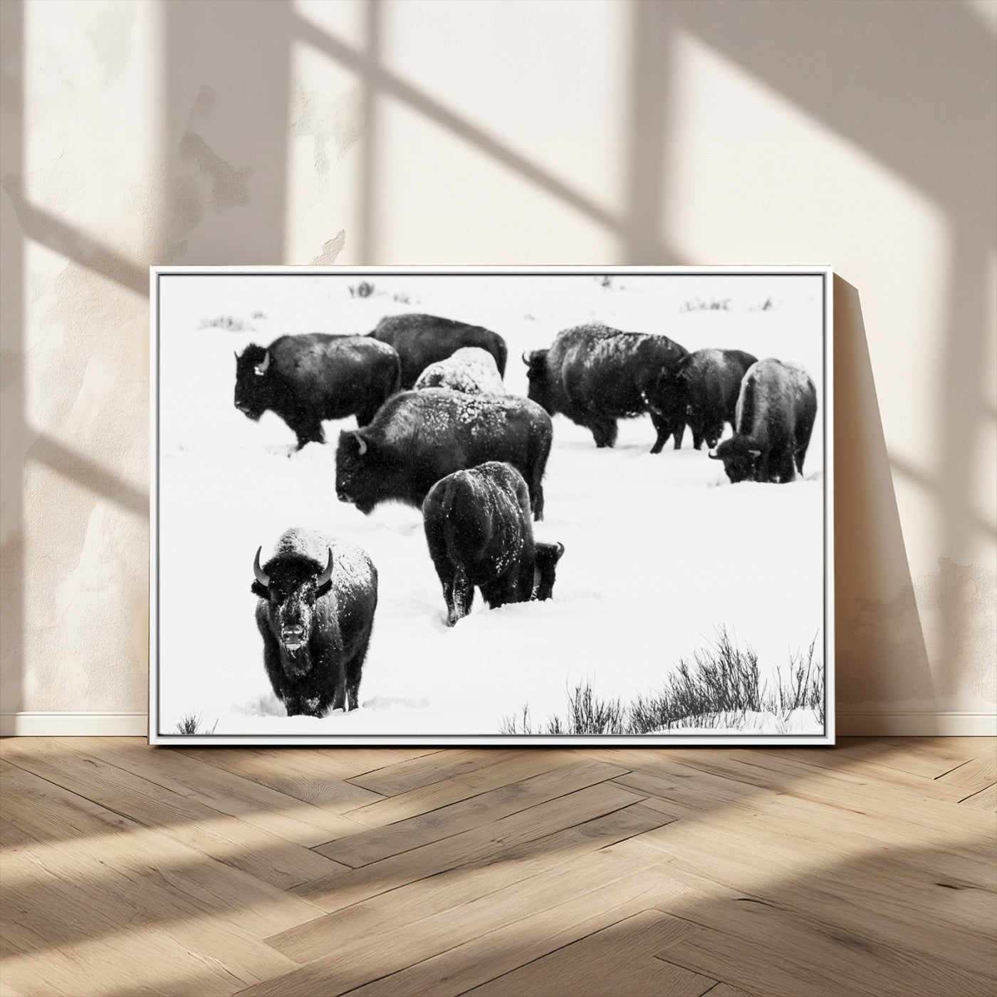 18914414-MGV-CV-36X24-Buffalo Herd Wall Art Canvas Print, Framed Black and White Art Picture Print, Snowy Landscape Perfect Rustic Lodge Decor Decor