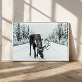 13316292-MGV-CV-36X24-Moose in Snow Wall Art Canvas Print, Framed Winter Wildlife Art Picture Print, Snowy Forest Scene Perfect Rustic Lodge Decor
