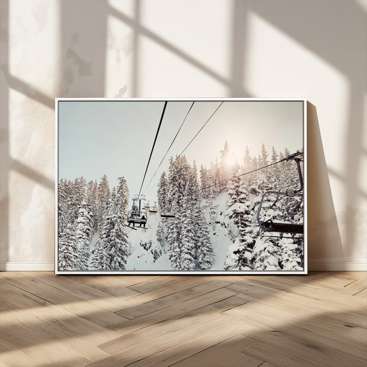 91534512-MGV-CV-36X24-Frosty Pines Wall Art Canvas Print, Framed Cozy Cabin View Art Picture Print, Ski Lift Ride Perfect Rustic Lodge Decor Artwork