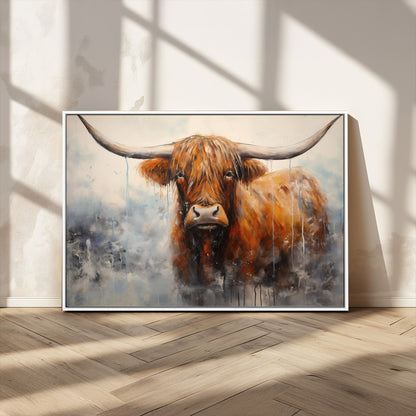 X61001-MGV-CV-36X24-Scottish Highland Wall Art Canvas Print, Framed Longhorn Art Picture Print, Western Cow Perfect Farmhouse Decor Artwork