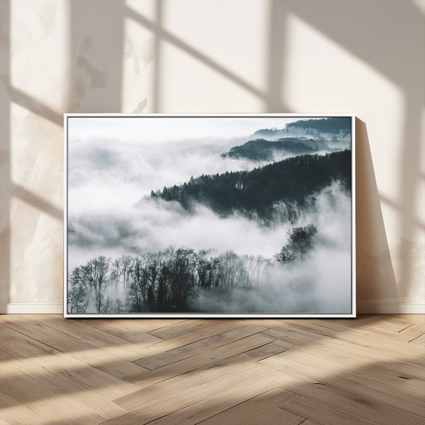 67569654-MGV-CV-36X24-Foggy Forest Wall Art – Mist Covered Hills and Trees Landscape Canvas Print, Moody Nature Photography Decor for Living Room,