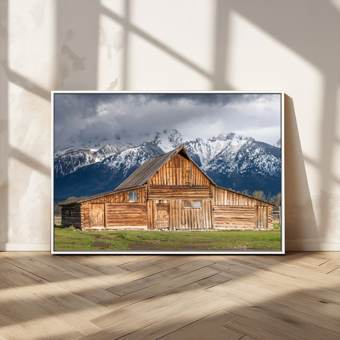 15173627-MGV-CV-36X24-Barn Wall Art – Rustic Wooden Cabin Canvas Print with Snowy Mountain Landscape, Western Farmhouse Country Decor for Living Room,
