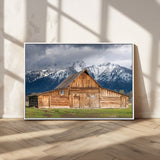 15173627-MGV-CV-36X24-Barn Wall Art – Rustic Wooden Cabin Canvas Print with Snowy Mountain Landscape, Western Farmhouse Country Decor for Living Room,