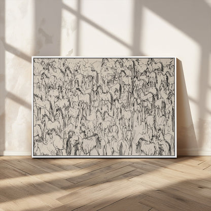 12358908-MGV-CV-36X24-Horse Herd Sketch Wall Art – Abstract Wild Horses Line Drawing Canvas Print, Rustic Western Style Equestrian Decor for Living