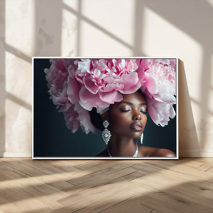 35482880-MGV-CV-36X24-Floral Portrait Wall Art – Elegant Woman with Pink Peony Headpiece Canvas Print, Luxury Fashion Inspired Artwork, Modern Glam