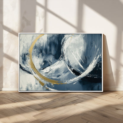97295757-MGV-CV-36X24-Abstract Blue and Gold Wall Art – Modern Luxury Canvas Print, Navy White Brushstroke Painting, Contemporary Living Room Office