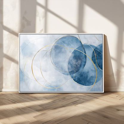 47060443-MGV-CV-36X24-Blue Abstract Circle Wall Art – Modern Gold and Navy Canvas Print, Minimalist Geometric Painting for Living Room, Bedroom, Office