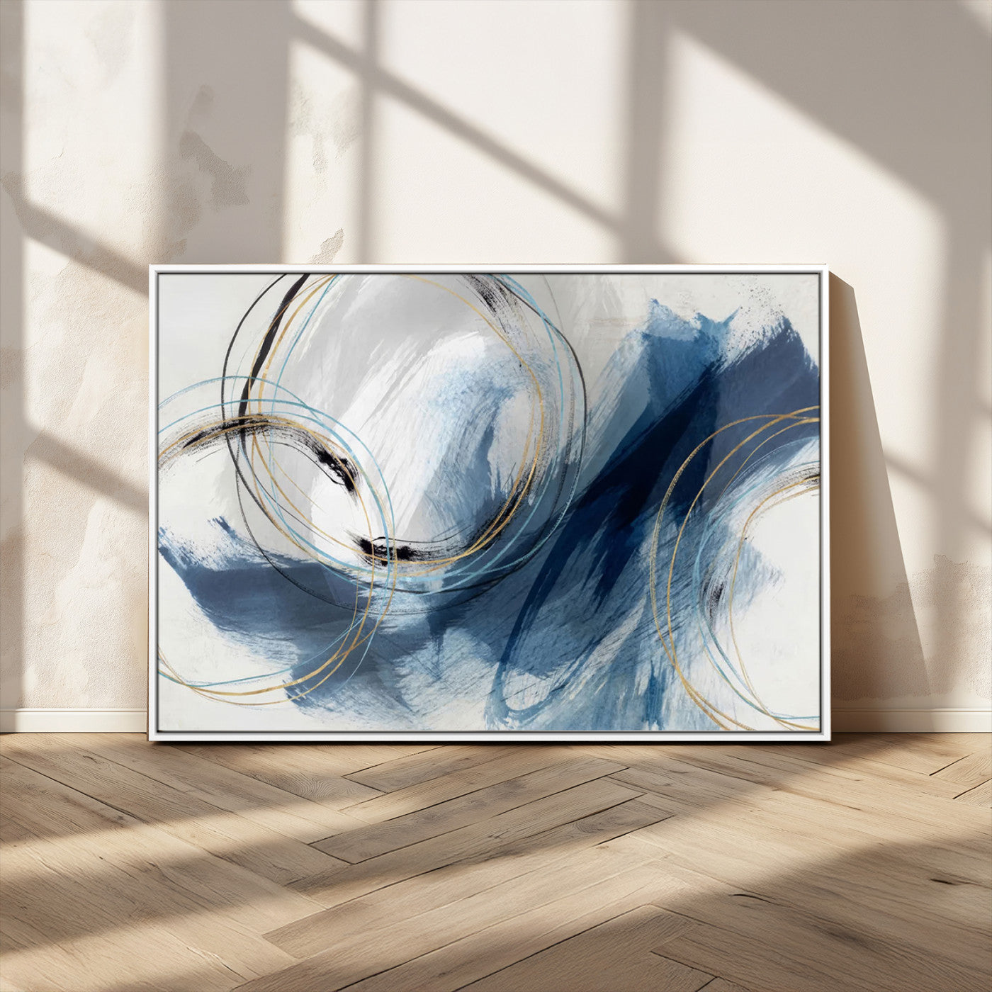 49589477-MGV-CV-36X24-Blue Abstract Wall Art – Modern Circle Canvas Print with Gold and Black Accents, Contemporary Fluid Brushstroke Painting for