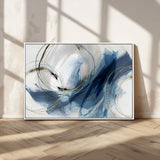 49589477-MGV-CV-36X24-Blue Abstract Wall Art – Modern Circle Canvas Print with Gold and Black Accents, Contemporary Fluid Brushstroke Painting for