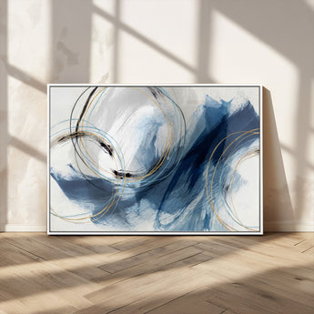 49589477-MGV-CV-36X24-Blue Abstract Wall Art – Modern Circle Canvas Print with Gold and Black Accents, Contemporary Fluid Brushstroke Painting for