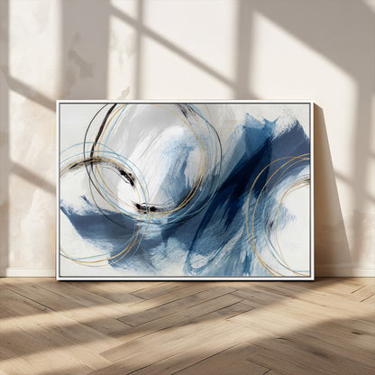 49589477-MGV-CV-36X24-Blue Abstract Wall Art – Modern Circle Canvas Print with Gold and Black Accents, Contemporary Fluid Brushstroke Painting for
