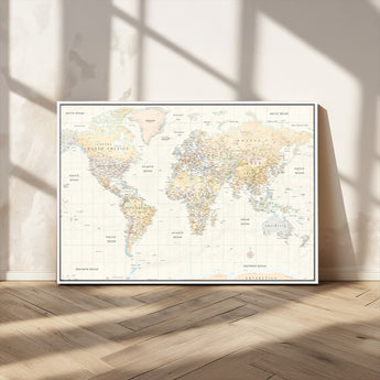 40660043-MGV-CV-36X24-World Map Wall Art – Large Detailed Atlas Style Map Print with Countries, Cities, and Oceans, Neutral Beige and Tan Educational