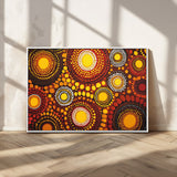81120549-MGV-CV-36X24-Abstract Dot Painting Wall Art – Vibrant Tribal Boho Style Canvas Print with Sunburst Mandala Circles in Warm Red, Yellow, Orange