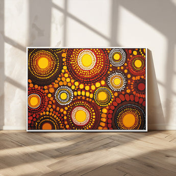 81120549-MGV-CV-36X24-Abstract Dot Painting Wall Art – Vibrant Tribal Boho Style Canvas Print with Sunburst Mandala Circles in Warm Red, Yellow, Orange