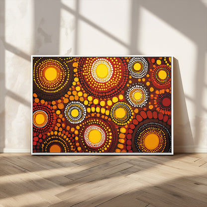 81120549-MGV-CV-36X24-Abstract Dot Painting Wall Art – Vibrant Tribal Boho Style Canvas Print with Sunburst Mandala Circles in Warm Red, Yellow, Orange