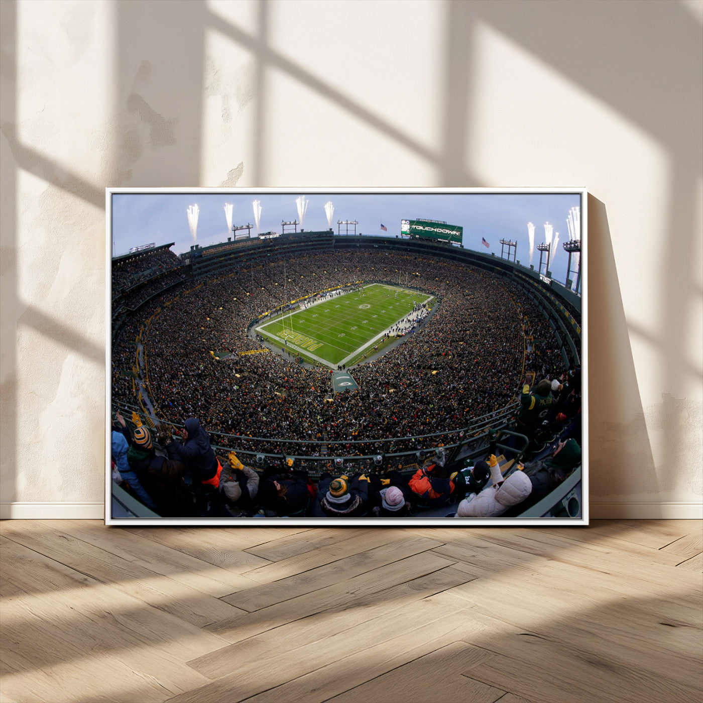 14387817-MGV-FC-36X24_White-Lambeau Field Stadium Wall Art – Green Bay Packers Game Day Canvas Print with Fireworks and Crowd – NFL Football Fan Man Cave