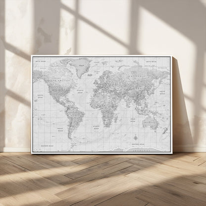 10516725-MGV-CV-36X24-Black and White World Map Wall Art – Minimalist Grayscale Canvas Print – Modern Detailed Travel Map Poster for Home, Office, or
