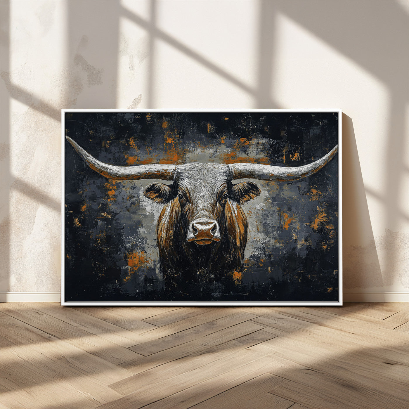 93195031-MGV-CV-36X24-Dark Longhorn Bull Wall Art – Western Steer Canvas Print, Moody Rustic Animal Painting for Man Cave, Ranch House, Office or Modern
