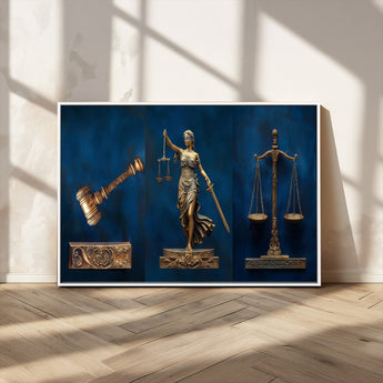 91629053-MGV-CV-36X24-Lady Justice Wall Art – Golden Gavel and Scales Canvas Print, Elegant Legal Office Decor for Lawyers, Judges, Courtroom or Study